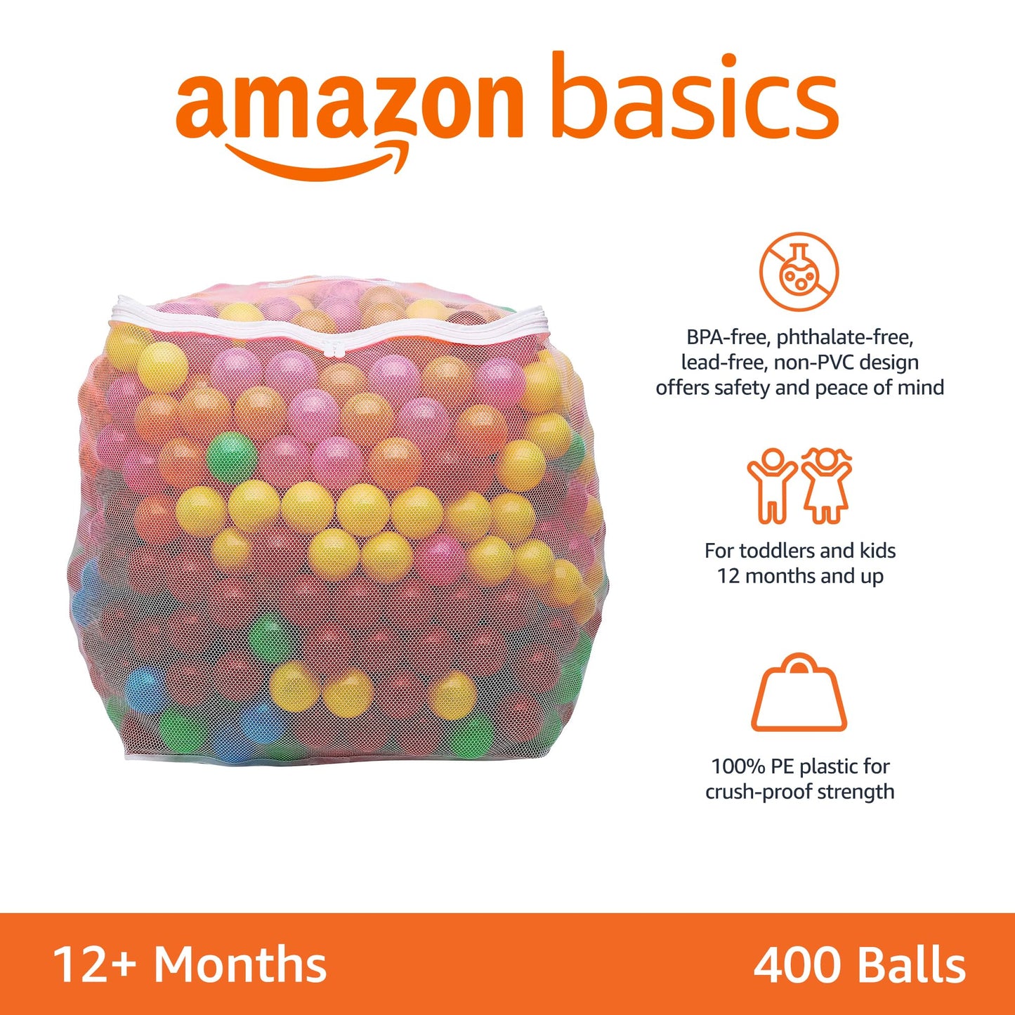 Amazon Basics BPA Free Ball Pit Balls with Storage Bag, Crush-Proof Plastic for Toddlers Kids 12+ Months Play, Phthalate Free, 6 Bright Colors, Pack of 400