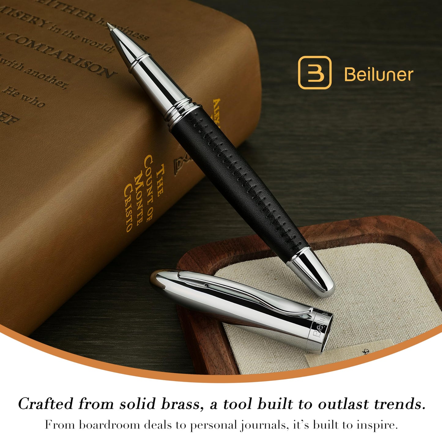 BEILUNER 318 Luxury Leather Pen, Hand-Stitched Premium Leather, Chrome-Plated Finish, Schmidt Ink Refill, Best Rollerball Pen Gift for Men & Women, Refillable, Executive Writing, Nice Pens