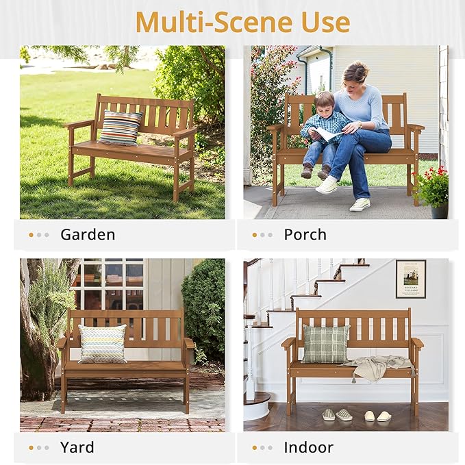 LUE BONA Outdoor Bench, 2-Person HDPS Garden Bench, Outdoor Benches Weatherproof, All-Weather Fade/Rot Resistant Patio Bench for Park, Front Porch, Backyard (Brown-Oil Printed)
