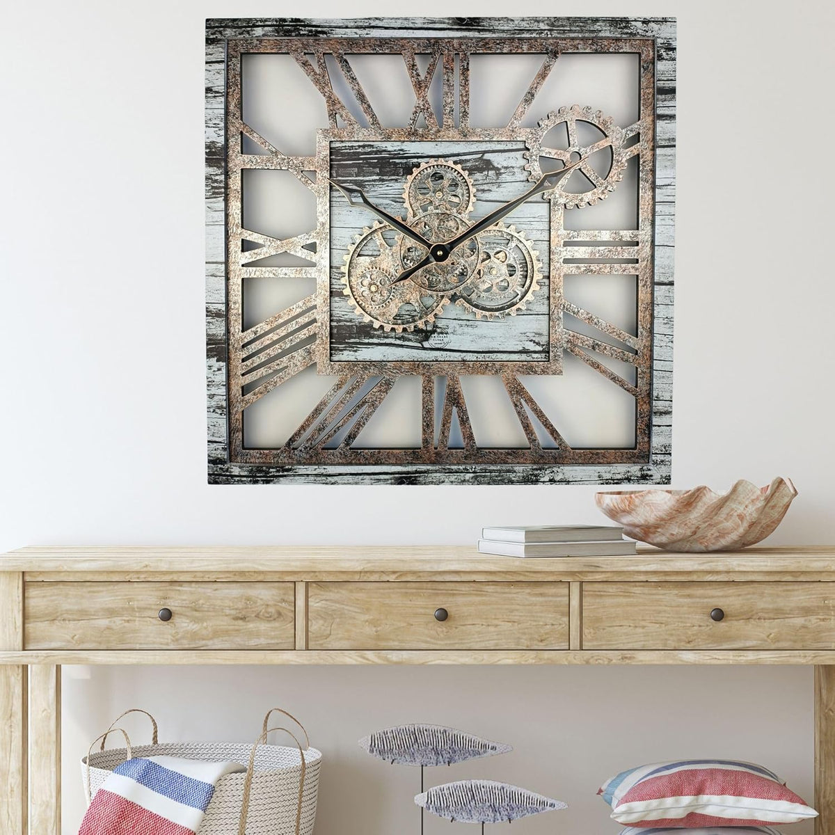 The Gears Clock 24'' Inch Square Real Moving Gear Wall Clock Vintage Industrial Oversized Rustic Farmhouse (Grey and White)