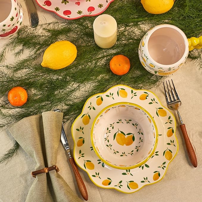 Bico Fruit Pop Scalloped Salad Plates Set of 4, 8.75 Inch Ceramic Dessert Plates for Salad, Appetizer, Side Dishes, Microwave and Dishwasher Safe, Gift for Housewarming and Thanksgiving