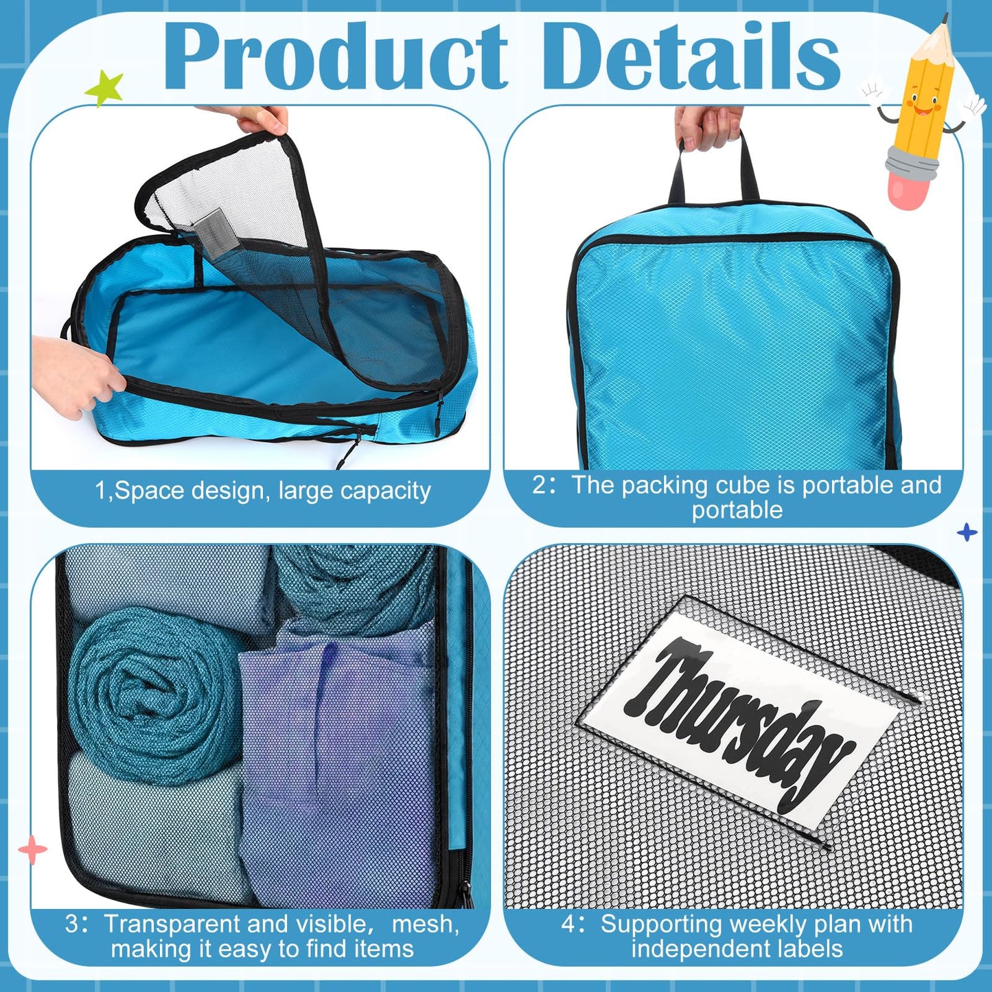 Bulyoou 7 Pcs Packing Cubes for Travel Days of Week Compression Packing Cube with Labels Organizers Luggage Storage Bag(Blue,Large)