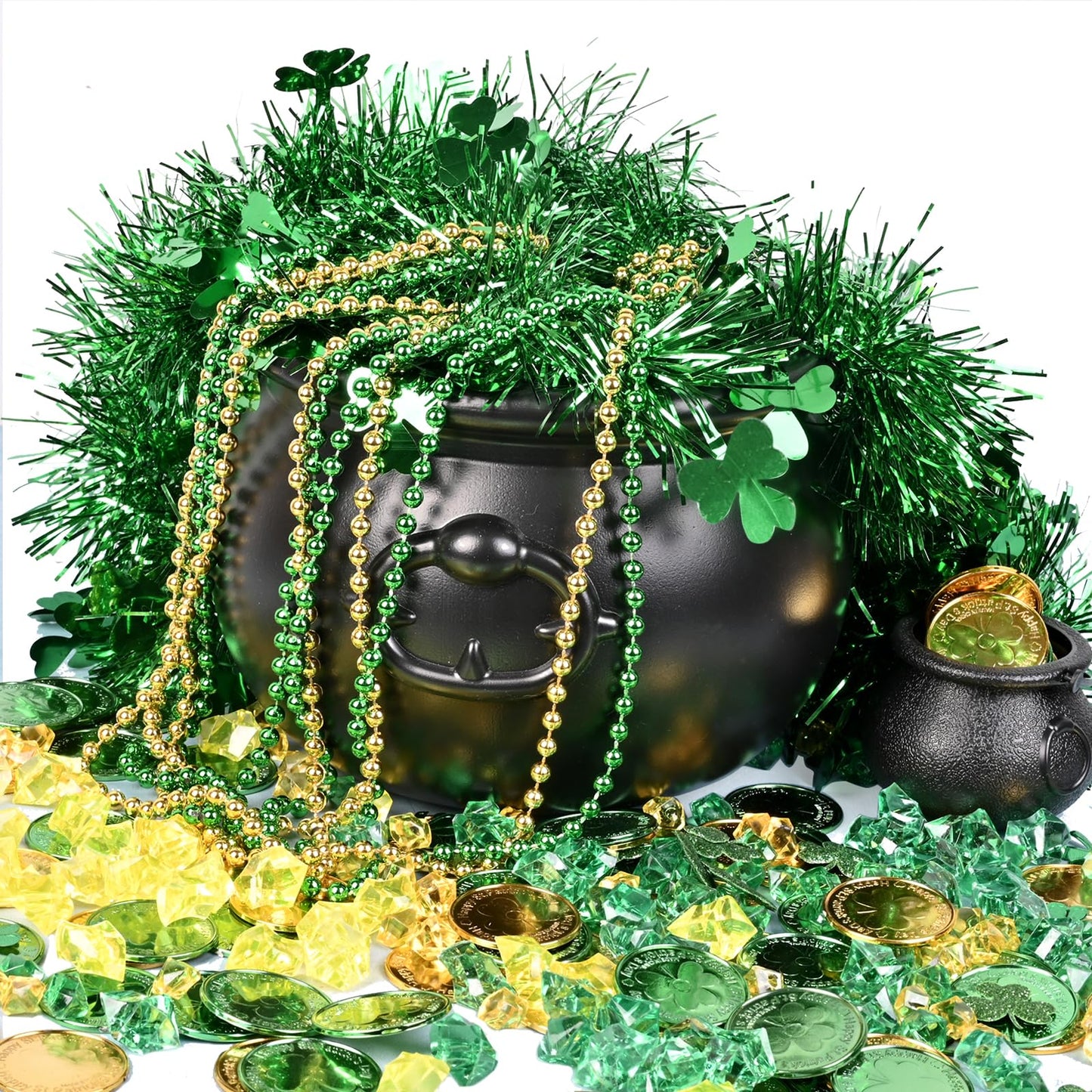 St Patrick's day 8" Black Cauldron Candy Kettle Set with Lucky Shamrock Plastic Coins Shamrock Garlands for St Patty Decorations, St. Patricks Day Party Favor