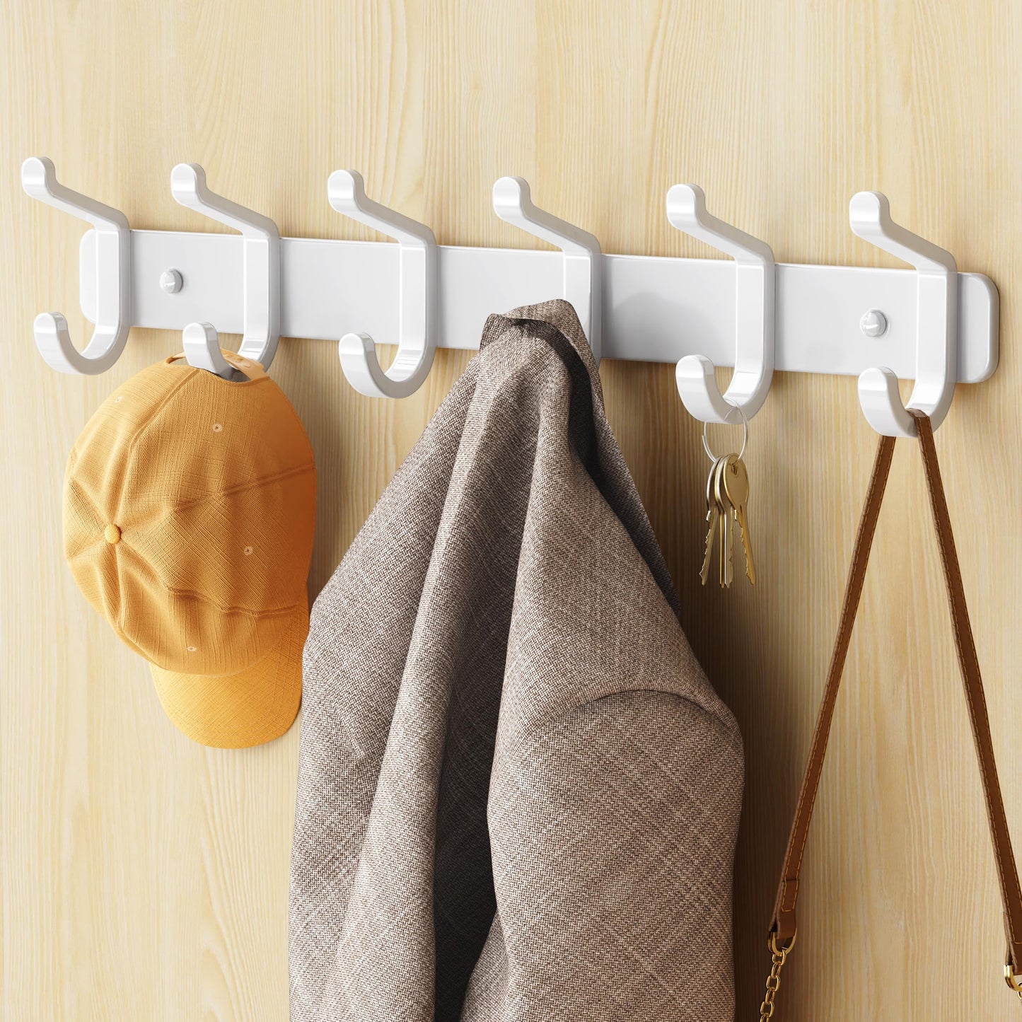 pickpiff Coat Rack Wall Mounted Heavy-Duty: Metal Coat Hanger 6 Hooks for Hanging Hat, Clothes, Robe, Keys, Backpack, Bathroom Towels, Jacket, Purse - Closet, Door, Entryway, Mudroom (White, 2 Pack)