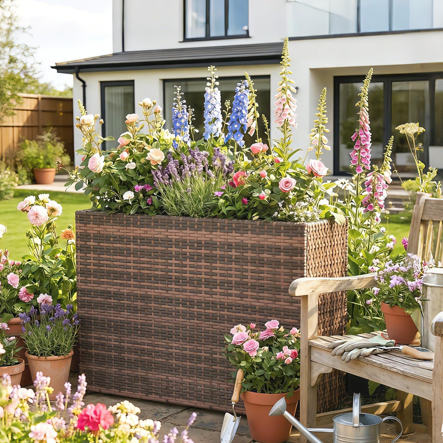 Outsunny Tall Rectangular Planter with Removable Liner, PE Wicker Large Planters for Outdoor Plants, Freestanding Indoor Outdoor Planter Box with Drainage Holes for Flowers, Vegetables, Brown