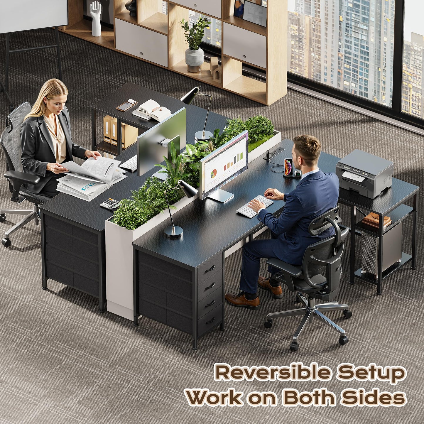 Huuger 55 Inch L Shaped Desk with Fabric Drawers, Reversible Computer Gaming Desk with Power Outlets and USB-C Port, Adjustable Side Storage Shelves, for Work Study Corner Home Office, Black