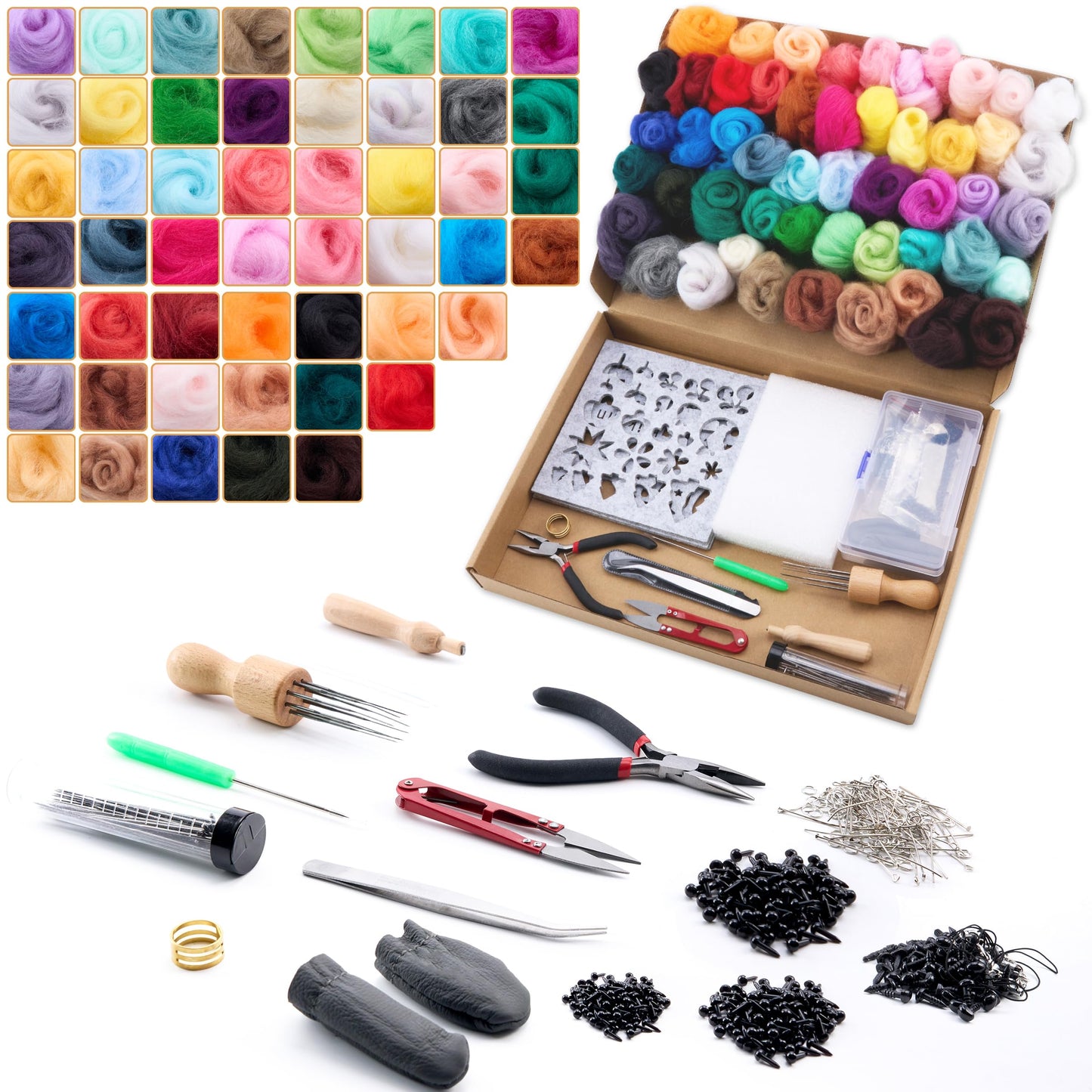 DF DUALFERV Needle Felting Kit with 50 Colors of Premium Felting Wool - Fluffy, Textured Wool Roving with Strong Plasticity for Felted Animal - Includes Instruction for Creative Crafting Projects