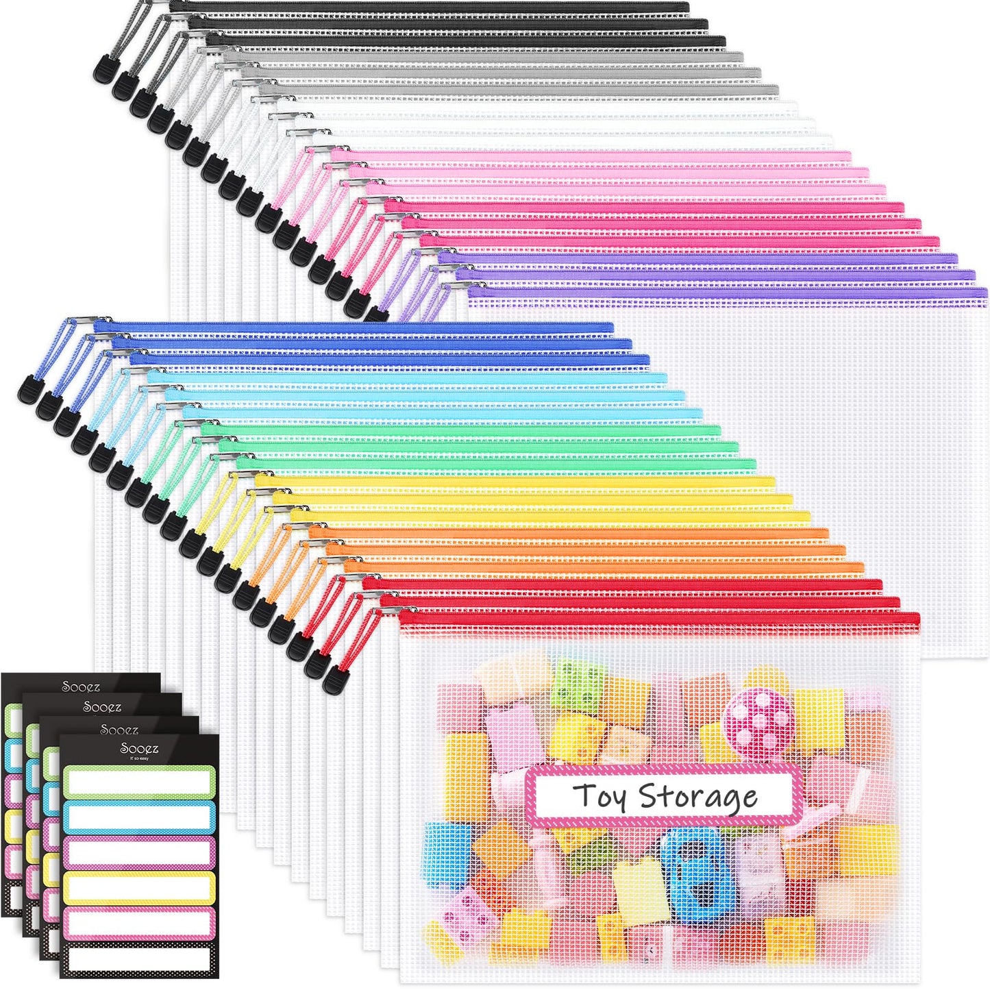 Sooez 36 Pack Mesh Zipper Pouch with Sticky Labels, A4 Mesh Bags, Toy Storage Board Game Puzzles Organization, Sturdy Letter Size File Folders Organizer for Teacher School Classroom Office Supplies