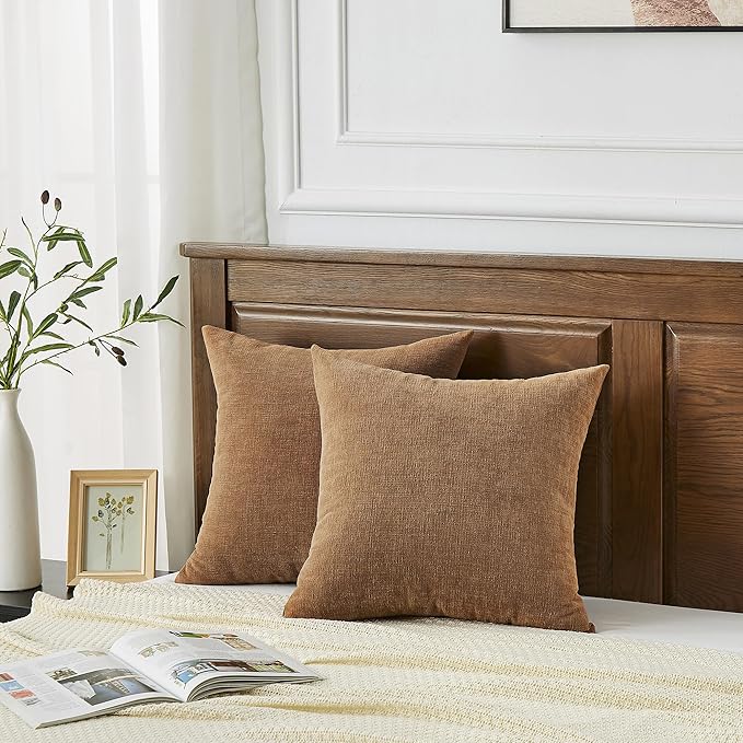 GAWAMAY Decorative Square Throw Pillow Covers 18"x18" Inch Set of 2, Super Soft Chenille Pillows Cover Fall Pillowcase for Living Room Bedroom Sofa Couch Cushion Cover Brown 45x45cm (No Inserts)