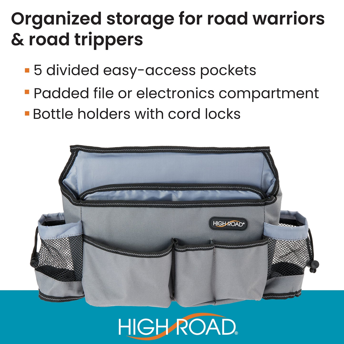 High Road SwingAway Front Seat Car Organizer for Daily Driving Essentials with Side Bottle and Cup Holders