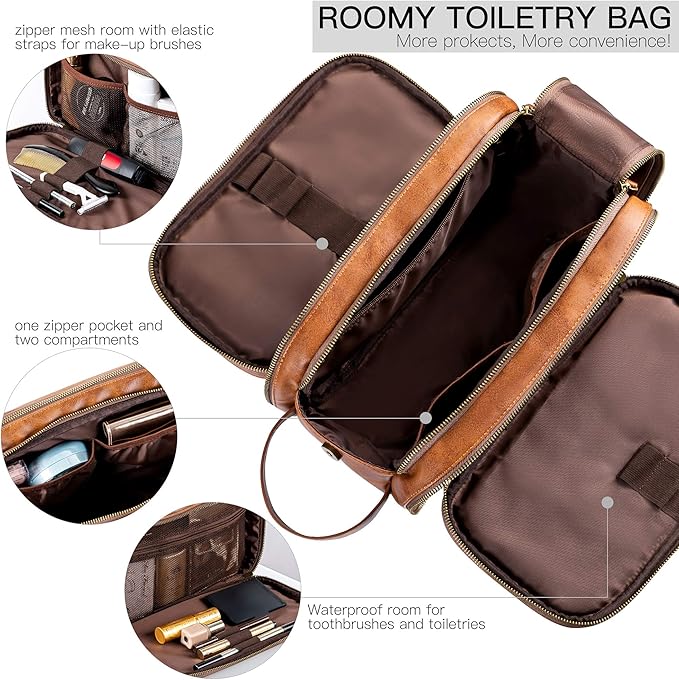 Elviros Travel Toiletry Bag Gift for Men，Mens Toiletries Bag Gifts Set Shaving Dopp Kit Water-resistant Bathroom Toiletries Organizer PU Leather Cosmetic Bags 2 Pack Brown