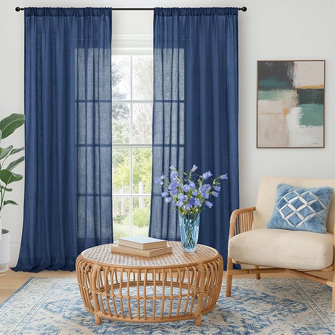 BGment Navy Blue Linen Curtains 84 Inch Length for Living Room, Semi Sheer Window Drapes Light Filtering for Bedroom Dining Decorative with Rod Pocket Lightweight, 2 Panels Set, Each 52 Inch Wide