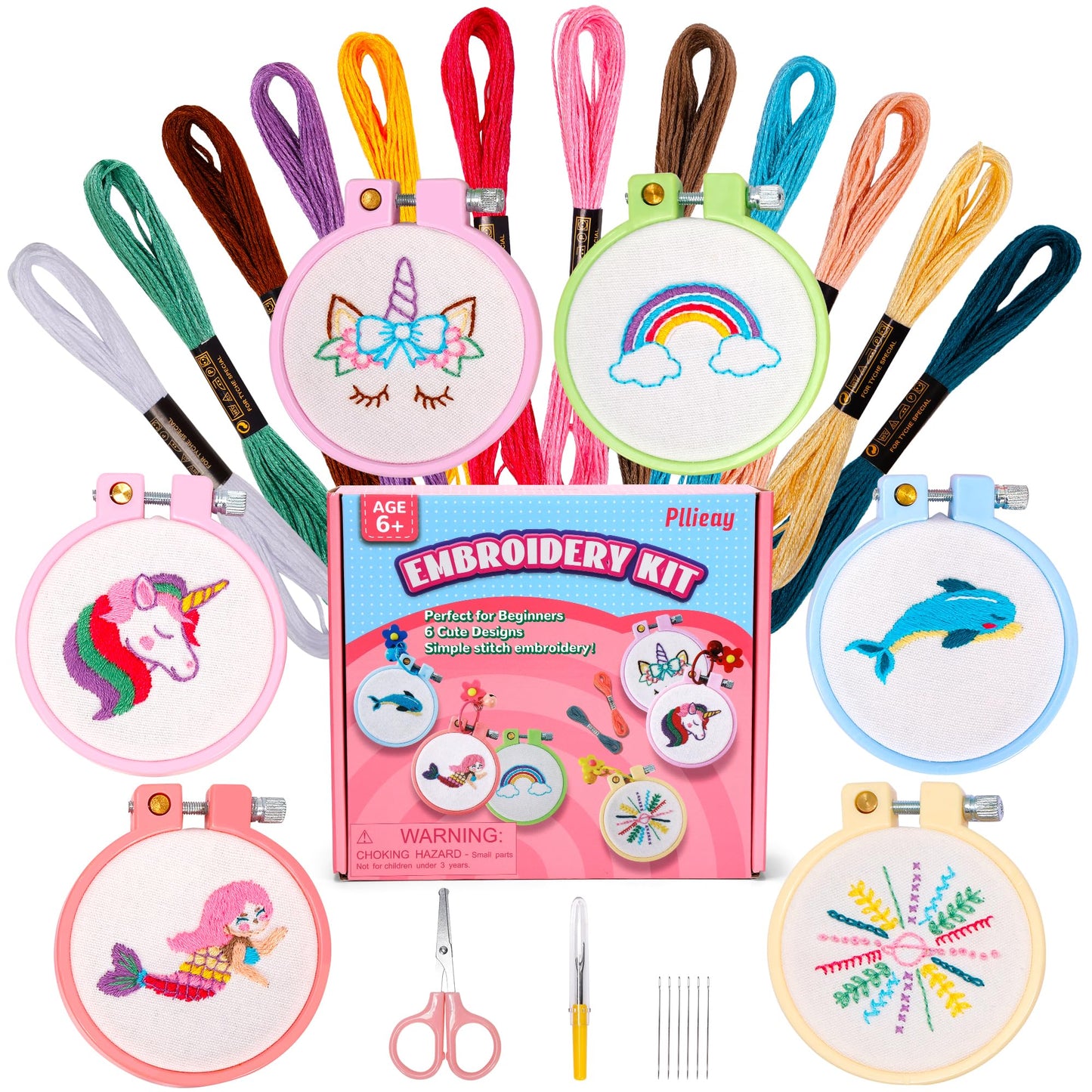 Pllieay 6PCS Embroidery Kit for Kids, Needlepoint Kits for Beginners with Pre-Printed Pattern, 6Pcs Hoop, Threads, Keychains and Instructions, Kids Cross Stitch Kits Supplies for Crafting