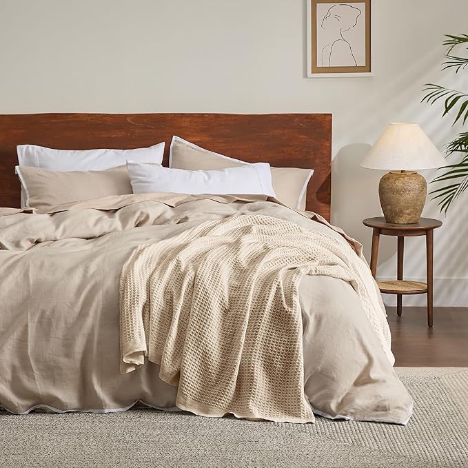 Bedsure 100% Cotton Blanket King Size for Bed - Breathable and Soft, Waffle Weave Blanket for Summer Spring, Beige, 104x90 inches