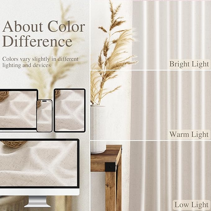 Extra Long Curtain 38x108 inches Long 2 Panels Set Back Tab Beige Linen Drapes for Living Room Neutral Farmhouse Light Filtering Semi Sheer Linen Curtains 108 inch Length for Large Window 9 FT Tall