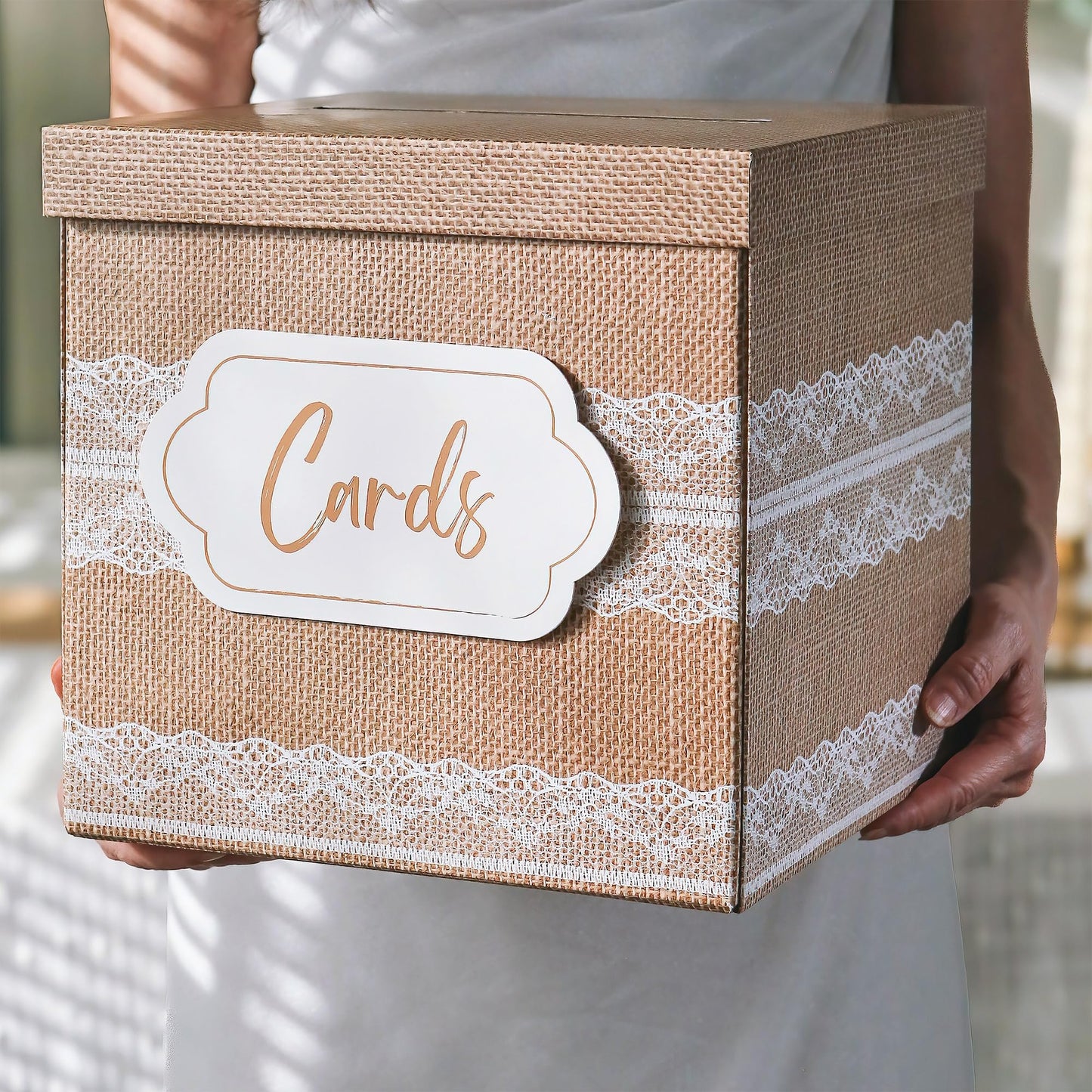 Kate Aspen Rustic Burlap & Lace Gift/Wedding Card Box, Money Box, Farmhouse Wedding Decorations For Reception - Also Perfect for Boho Baby Showers, Birthdays, Graduation