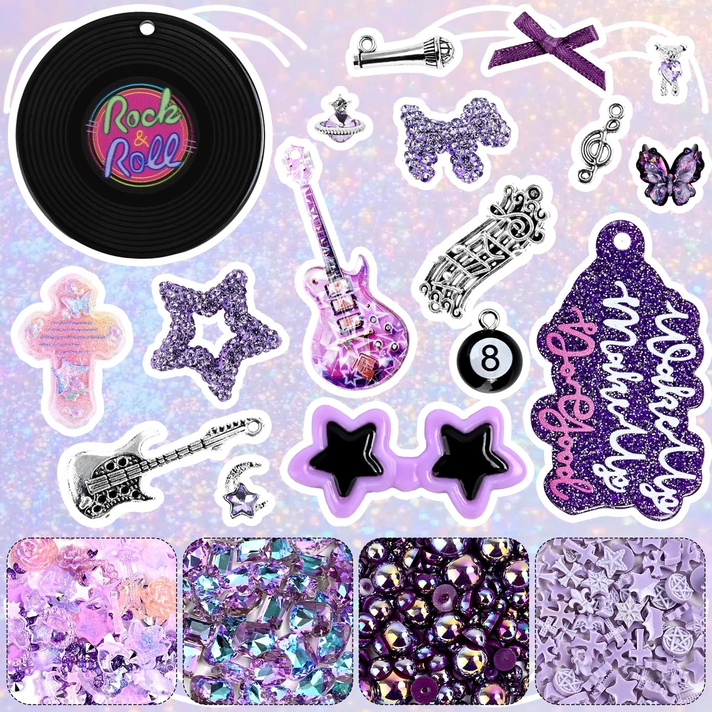 Prdingfy Purple Junk Case Charms Kit - DIY Phone Charms & Nail Art Accessories with 3D Flatback Decorations, Cute Bows & Letter Beads for Customizing Phone Cases, Crafts, Valentine's Day Gifts