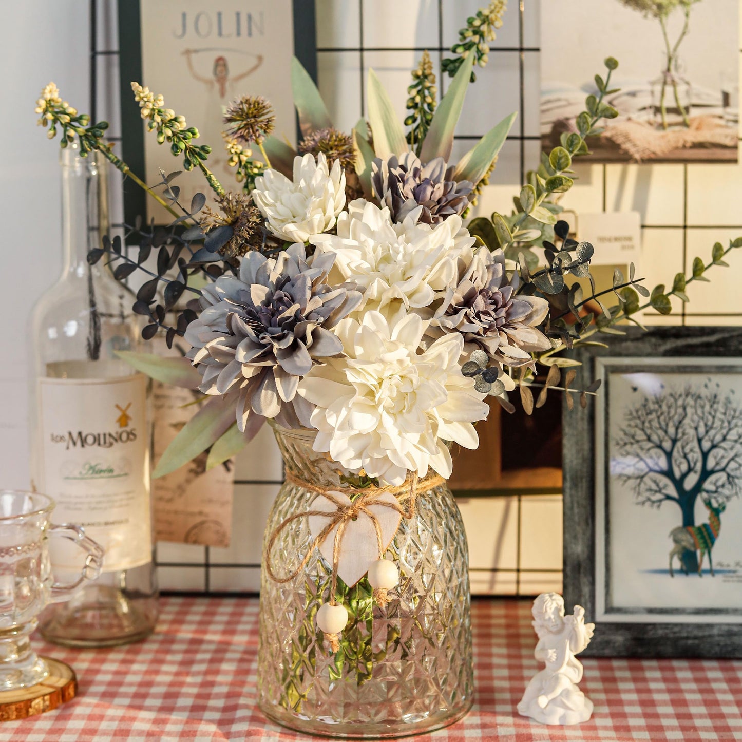 Der Rose Fake Flowers in Vase Silk Artificial Navy Blue Flowers Arrangements with Glass Vase for Dinning Coffee Table Centerpieces Home Kitchen Farmhouse Wedding Decor