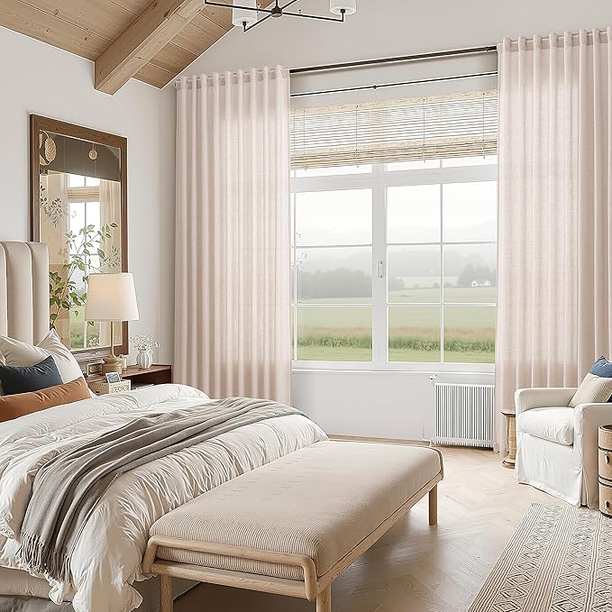 Nanspring Natural White Linen Curtains 102 Inches Long for Living Room Light Filtering Farmhouse Decor Curtains Back Tab Neutral Privacy Sheer Curtain for Bedroom Office 52x102, 2 Panels
