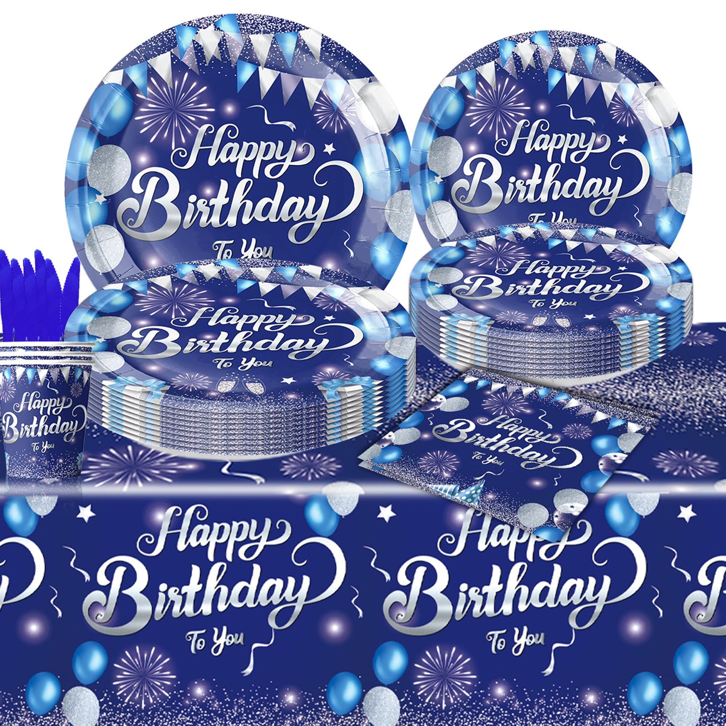 74 Pcs Blue Sliver Happy Birthday Party Supplies Disposable Tableware Set Included Plates, Cutlery, Cups, Napkins, Tablecloth, Banner, Backdrop - Serves 10