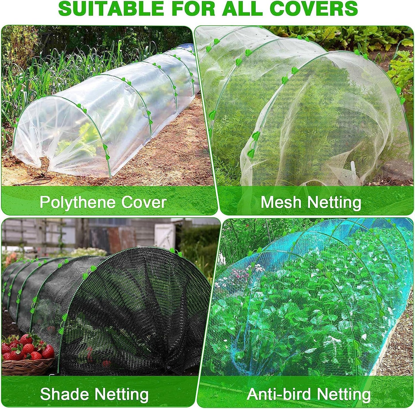 60pcs Garden Hoops for Raised Beds Wide, 8ft Greenhouse Hoops Grow Tunnel for Row Cover Netting, Adjustable Fiberglass Rust-Free Garden Bed Plant Hoops Support DIY Frame Stake for Outdoor, 40pcs Clips