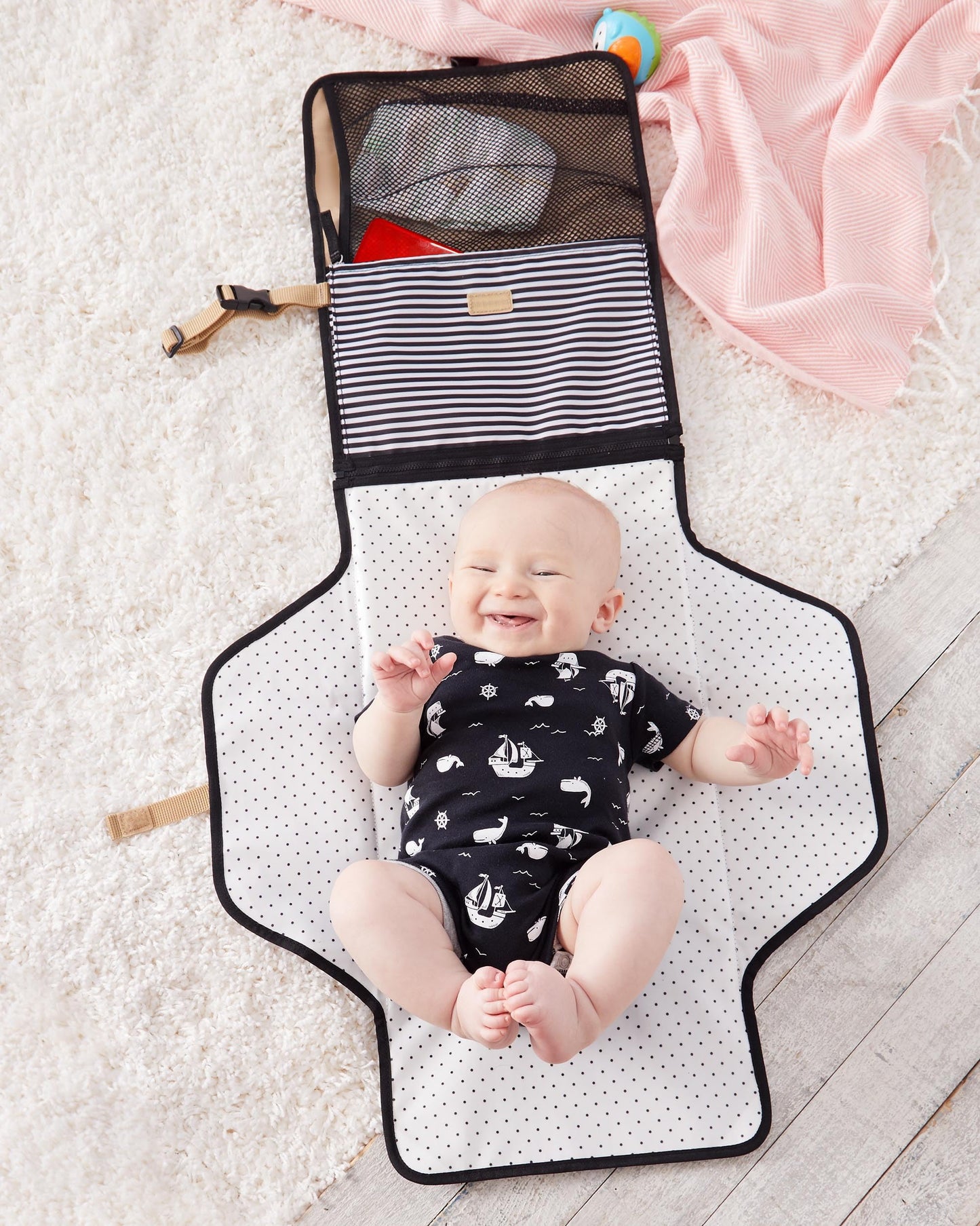 Skip Hop Pronto Signature Portable Changing Mat, Cushioned Diaper Changing Pad with Built-in Pillow, Black Stripe