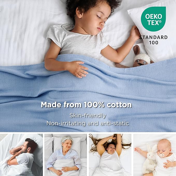Bedsure 100% Cotton Blanket Twin XL Size for Bed - Breathable and Lightweight, Soft Cozy Textured Herringbone Woven Blanket for Summer Spring, Ashley Blue, 66x90 inches
