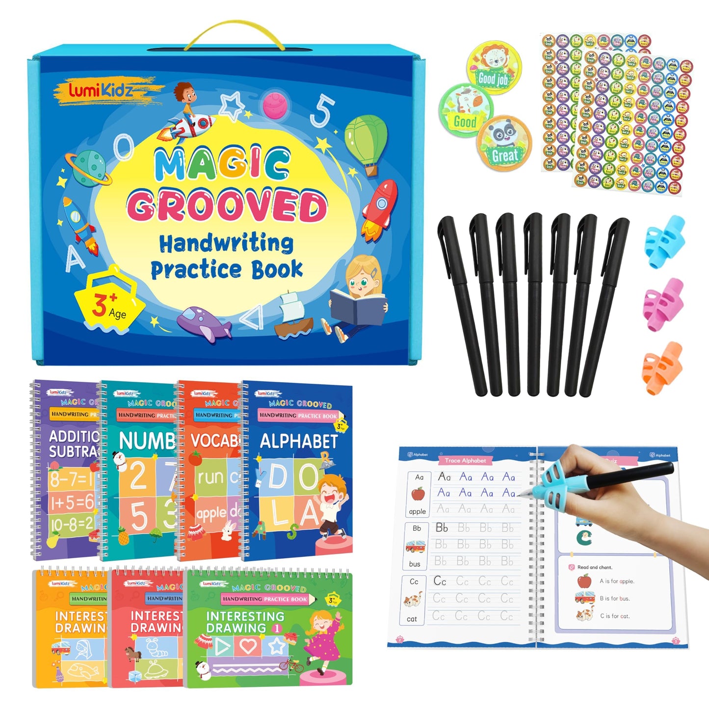 Lumikidz Magic Grooved Writing Practice for Kids Ages 3–5 - Reusable Grooved Writing Books for Kids 3–5 - Handwriting Practice for Kids 5–7 - Preschool Tracing Books & Learning Activities
