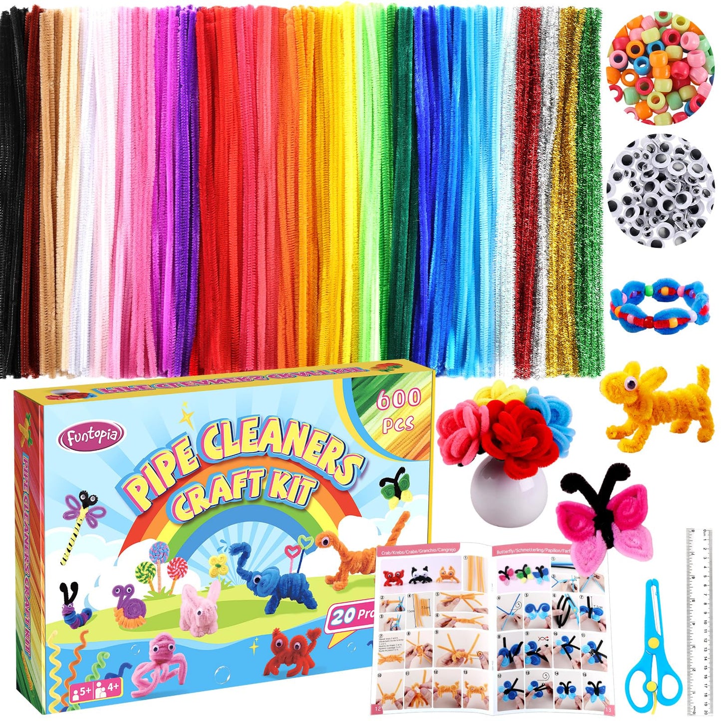 800pcs Pipe Cleaners Crafts Kit, 30 Colors Pipe Cleaners Bulk with 20 Designs Instruction Book, Colorful Chenille Stems for Animal Flower Creative Projects DIY, Arts and Crafts for Kids Ages 4-12