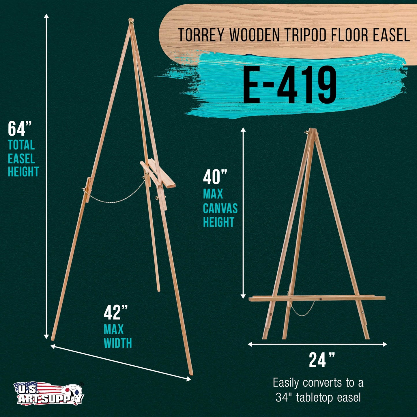 U.S. Art Supply 64" Wooden Easel Stand - Adjustable A-Frame Tripod for Painting, Drawing, Photos & Signs - Lightweight Easels, Wood Easel Stand for Sign Wedding Display 40" Canvas Capacity