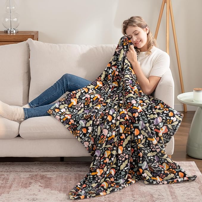 Berkshire Blanket-Classic Heavyweight Soft Printed VelvetLoft® Plush Throw Blanket, Cozy and Fuzzy, Mushroom Cutie Charcoal, 50in x 70in