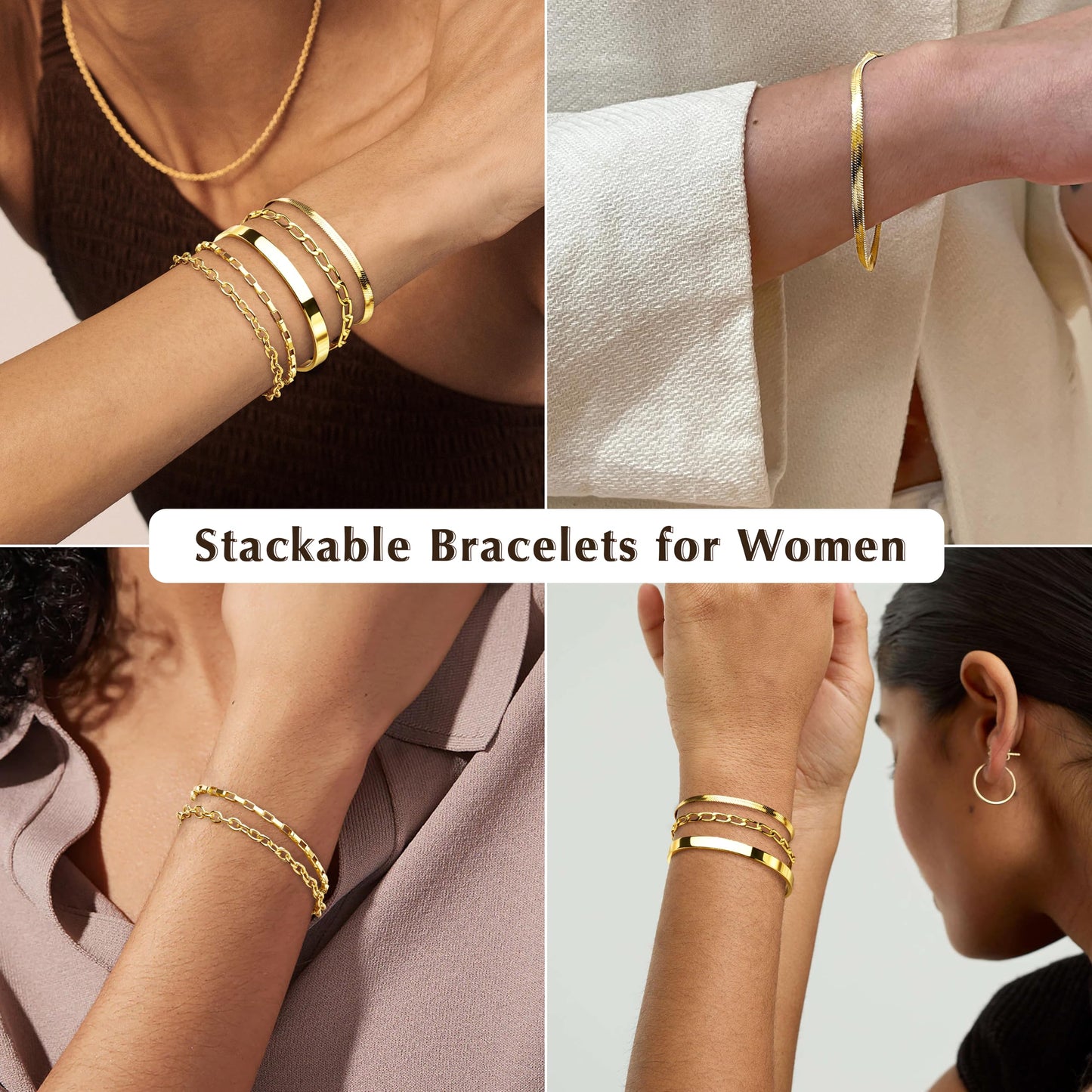 5PCS Gold Bracelet Stack for Women, Dainty Stackable Gold Bracelets Set, Gold Plated Stainless Steel Cuff & Chain Bracelets for Women Trendy, Gold Jewelry Set Gift