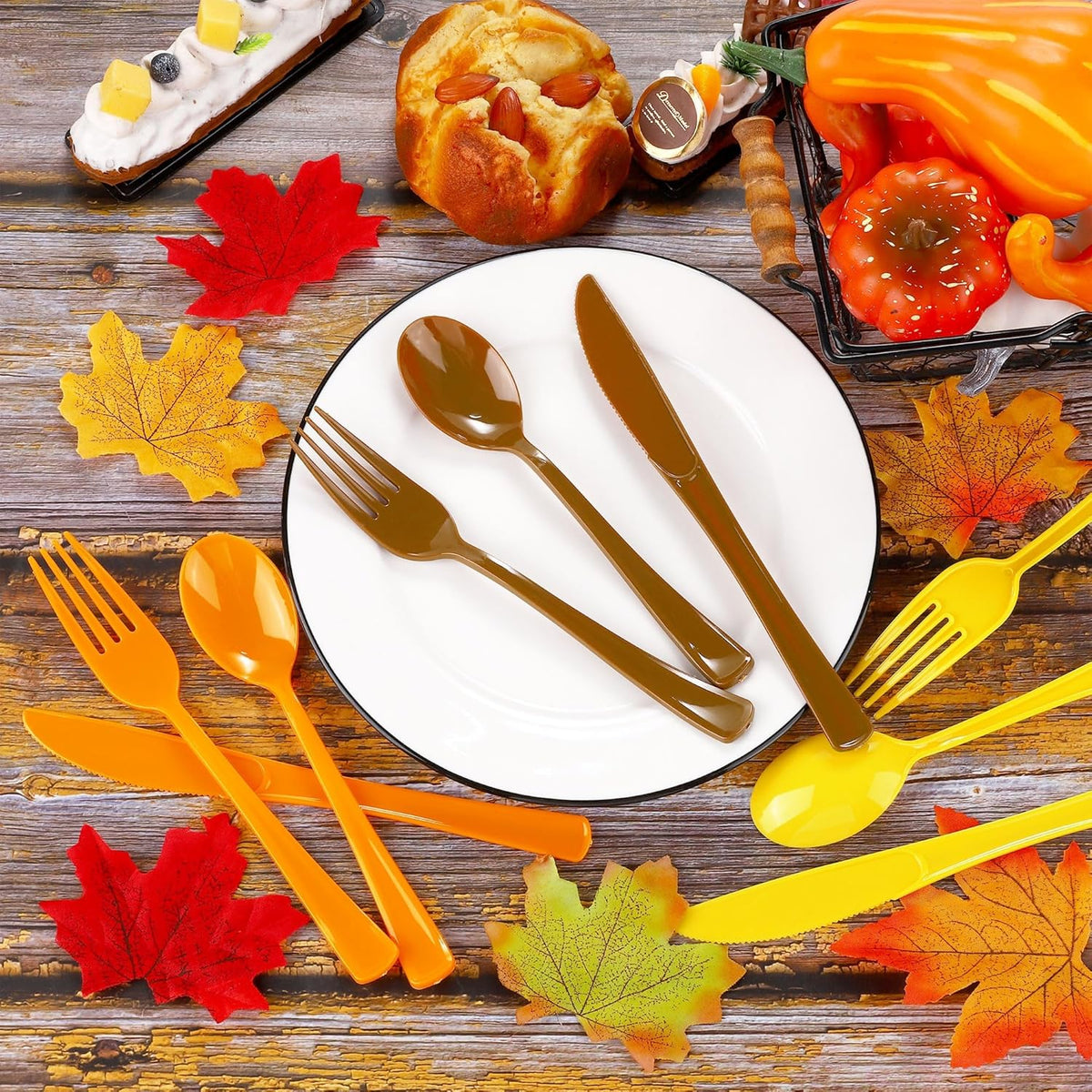 300 Pieces Thanksgiving Plastic Silverware Fall Heavy Duty Utensils Set Heavyweight Disposable Flatware Includes Orange Yellow Brown Spoons Forks Knives for Thanksgiving Dinner Party Supplies