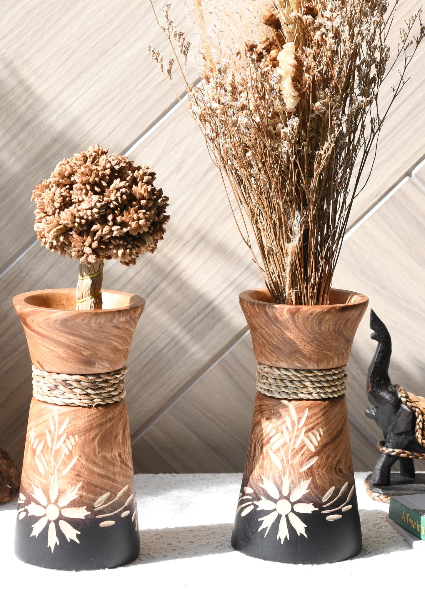 AeraVida 6-Inch Nature’s Beauty Etched Flower and Rope Design Mango Tree Wood Rectangular Handmade Vase | Rustic Wooden Tabletop Vase for Flowers | Sustainable Home & Kitchen Decor (2)