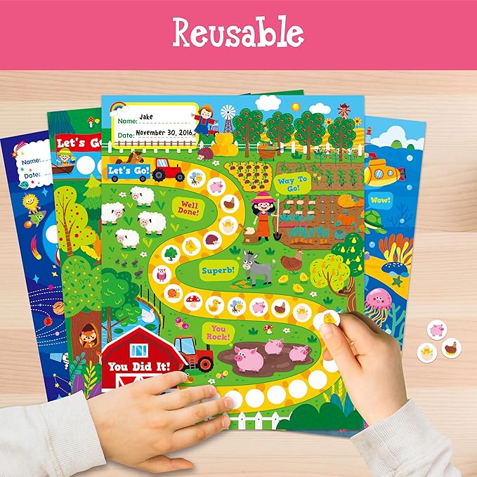 4 Incentive Charts with 3300 Reusable Stickers, Forest/Farm/Ocean/Space Themed Reward Chart for Classroom, Home, Kids Homework Assignments, Attendance, Good Behavior, Chores, Potty Training Progress