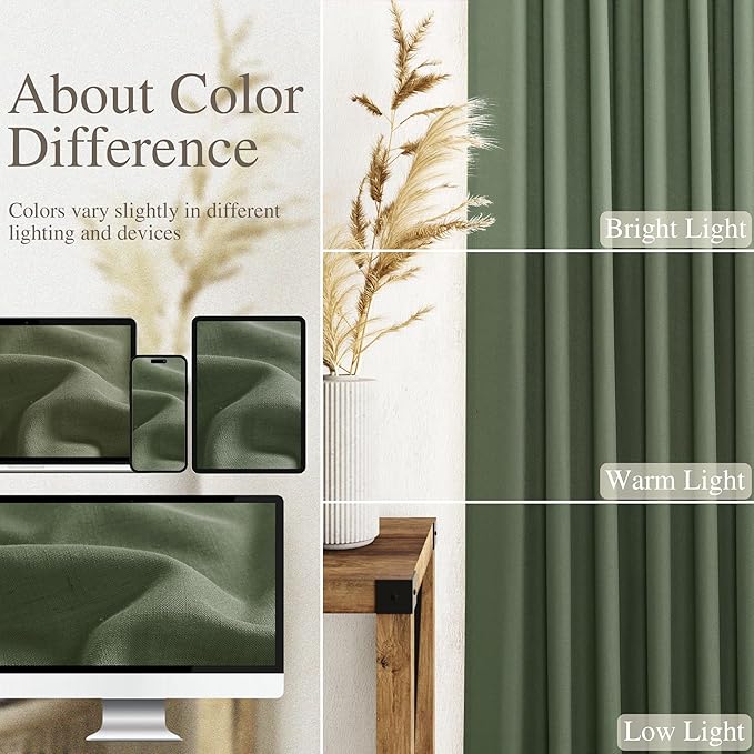 Nanspring Olive Green Linen Blend Semi Sheer Curtains 102 Inches Long x 60 Inches Wide, 2 Panel Set Back Tab Privacy Filtered and Breathable Extended Curtain for Bedroom Living Room 60x102