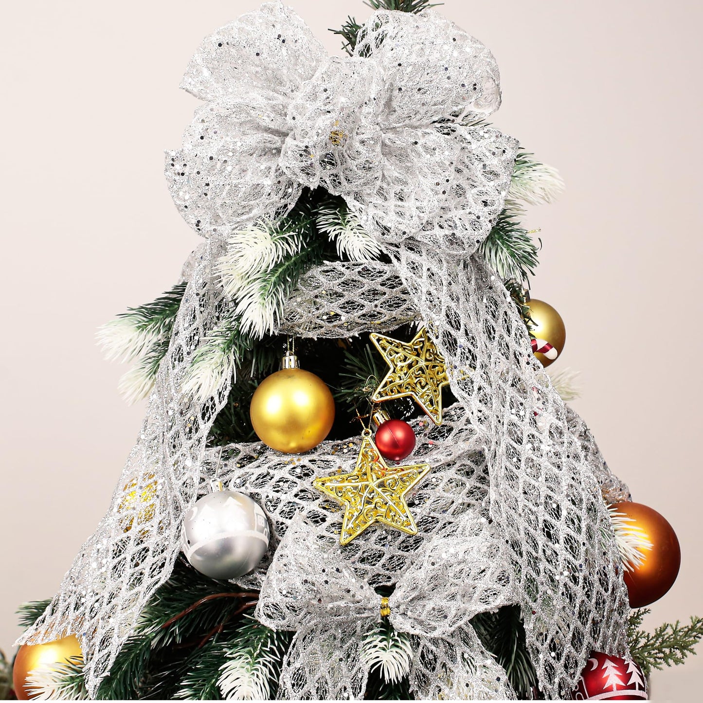 VATIN 2-1/2" Silver Christmas Ribbon, Silver Glitter Mesh Diamond Web Sequin Dots Wired Christmas Ribbon for Gift Wrapping Bow Making Wreath Supply-10 Yards