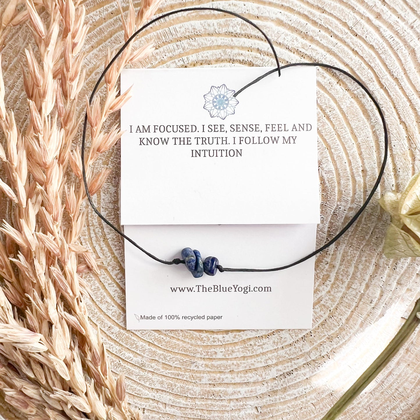 The Blue Yogi Lapis Lazuli Healing Bracelet/Anklet Adjustable Spiritual Crystal Jewelry with Affirmation Card, Handmade Protection Cord Band