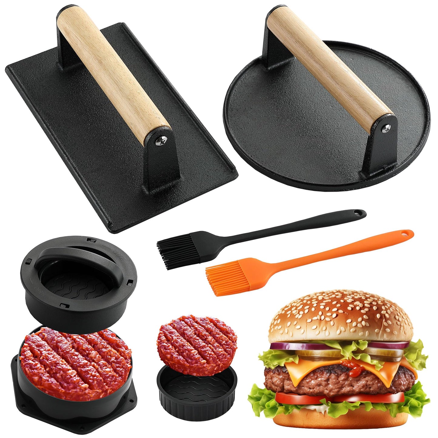 POLIGO Smash Burger Press Kit - 4 in 1 Stuffed Burger Mold, Cast Iron Burger Presses, Sauce Brushes Included - Non Stick Smash Burger Press Set for Grill and Griddle Cooking, Black Round and Rectangle