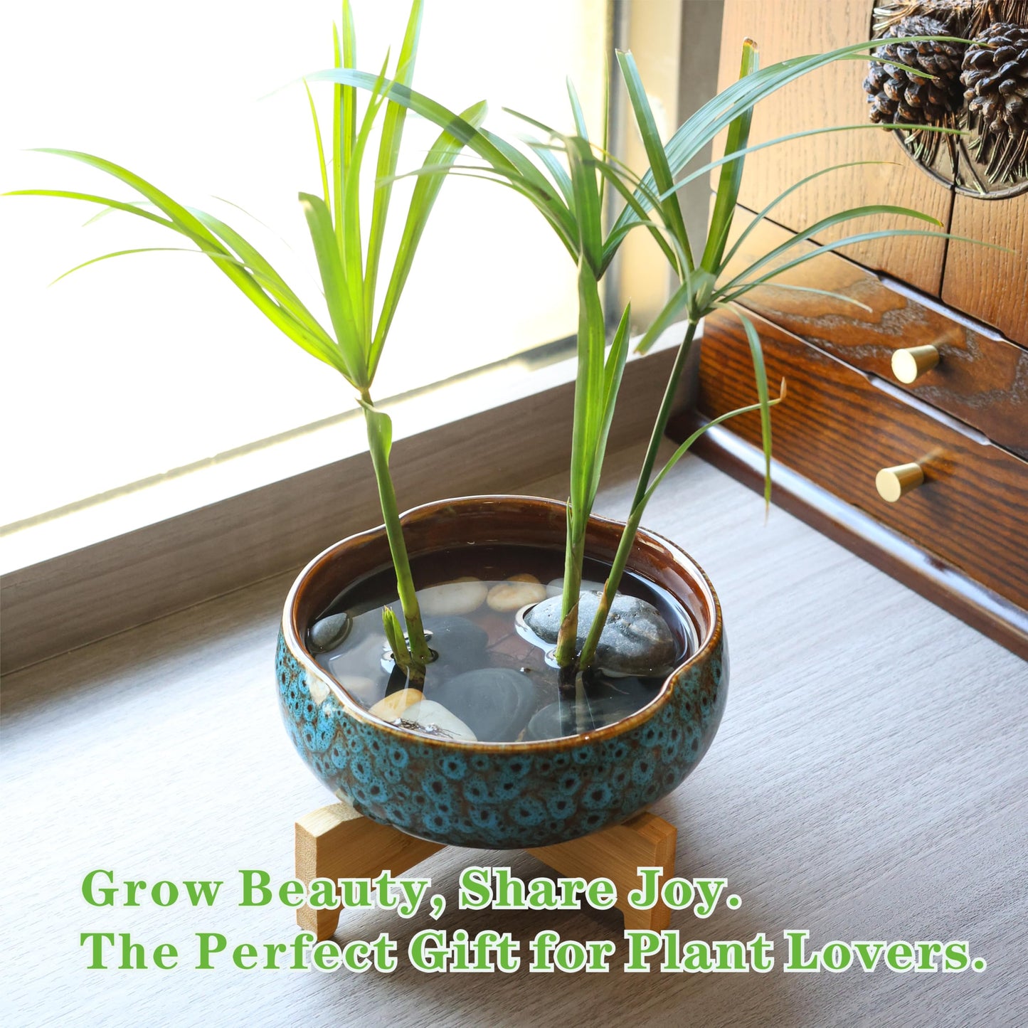 Qijoys 2 Pcs Lotus Bowl Planter with Base Ceramic Hydroponic Planter Water Lily Bowl for Planting Aquatic and Indoor Plants Household Ceramic Basin Decor(Blue)