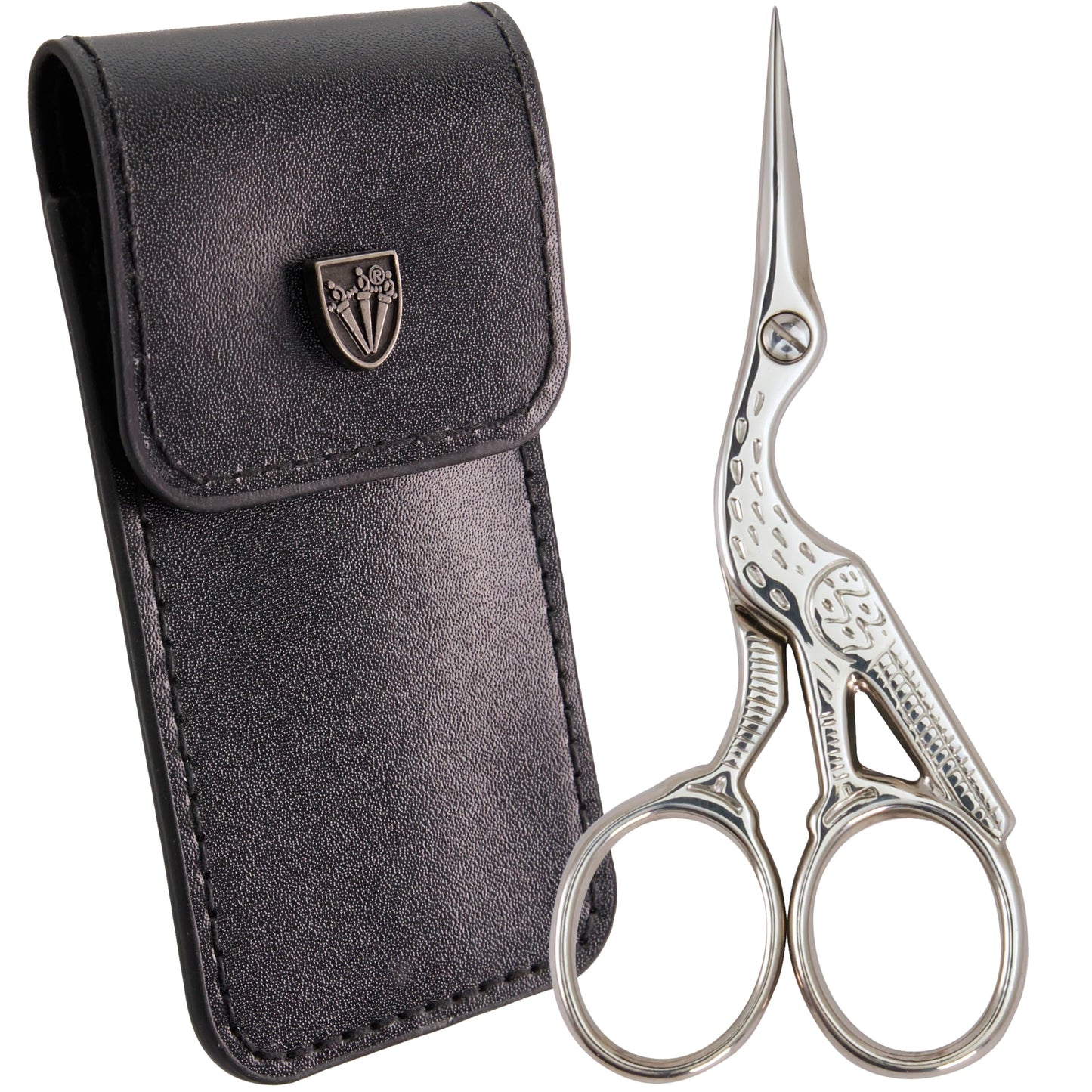 3 Swords Germany - Embroidery Scissors, Stork Scissors Shears for Art Work, Daily Use in Household, Sewing, crocheting, Art Work, Craft, needle work with black Synthetic Leather case