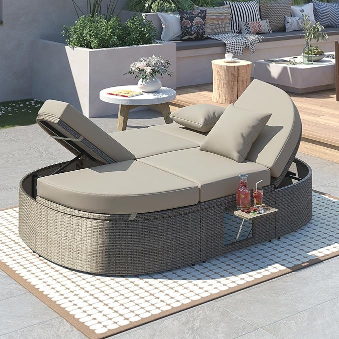 Merax Outdoor Sun Bed Patio 2-Person Daybed with Cushions and Pillows, Rattan Garden Reclining Chaise Lounge with Adjustable Backrests and Foldable Cup Trays for Lawn, Poolside, Grey
