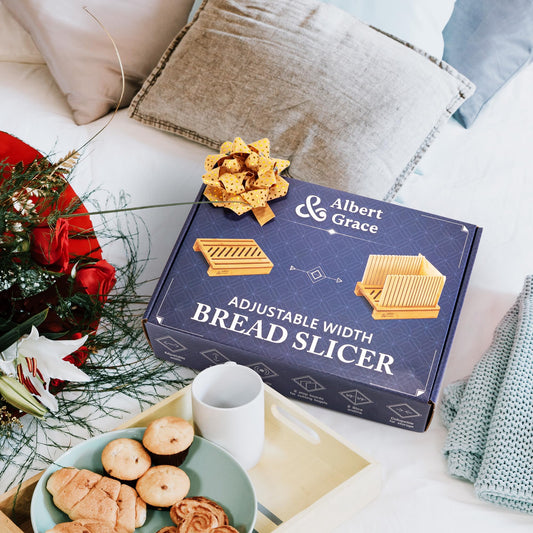 Albert & Grace Adjustable Bread Slicer – Premium Cross-Laminated Bamboo, High 6.1” Guides, 3 Width Settings, 2 Slice Thicknesses – Folds Flat – Perfect for Sourdough, Homemade Loaves & Bagels