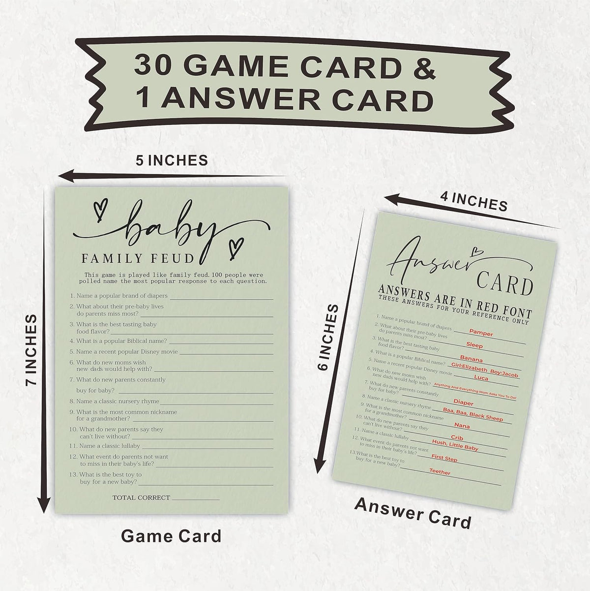 Minimalism Baby Family Feud Game - 5"X7" Moss Green Fill In Style Game Cards, Gender Reveal Party & Activity - Baby Shower Party Favors And Decorations (Pack Of 30 &1 Answer Cards)-B06