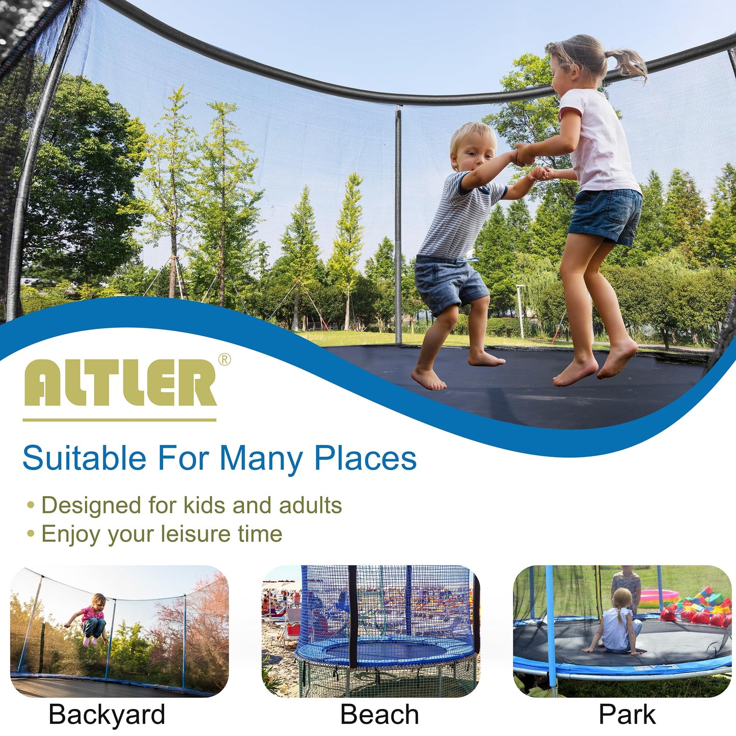 ALTLER Trampoline 12FT 14FT Enclosure Net Outdoor Jump for Kids and Adults Round ASTM Approved Heavy-Duty Bounce Mat with Enhanced Weight Capacity