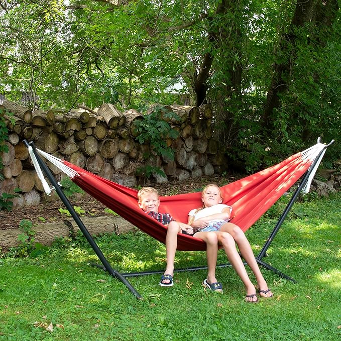 Vivere Double Sunbrella Hammock with Space-Saving Steel Stand, Heavy-Duty Portable Outdoor Hammock Set for Backyard, Patio, or Travel, Crimson