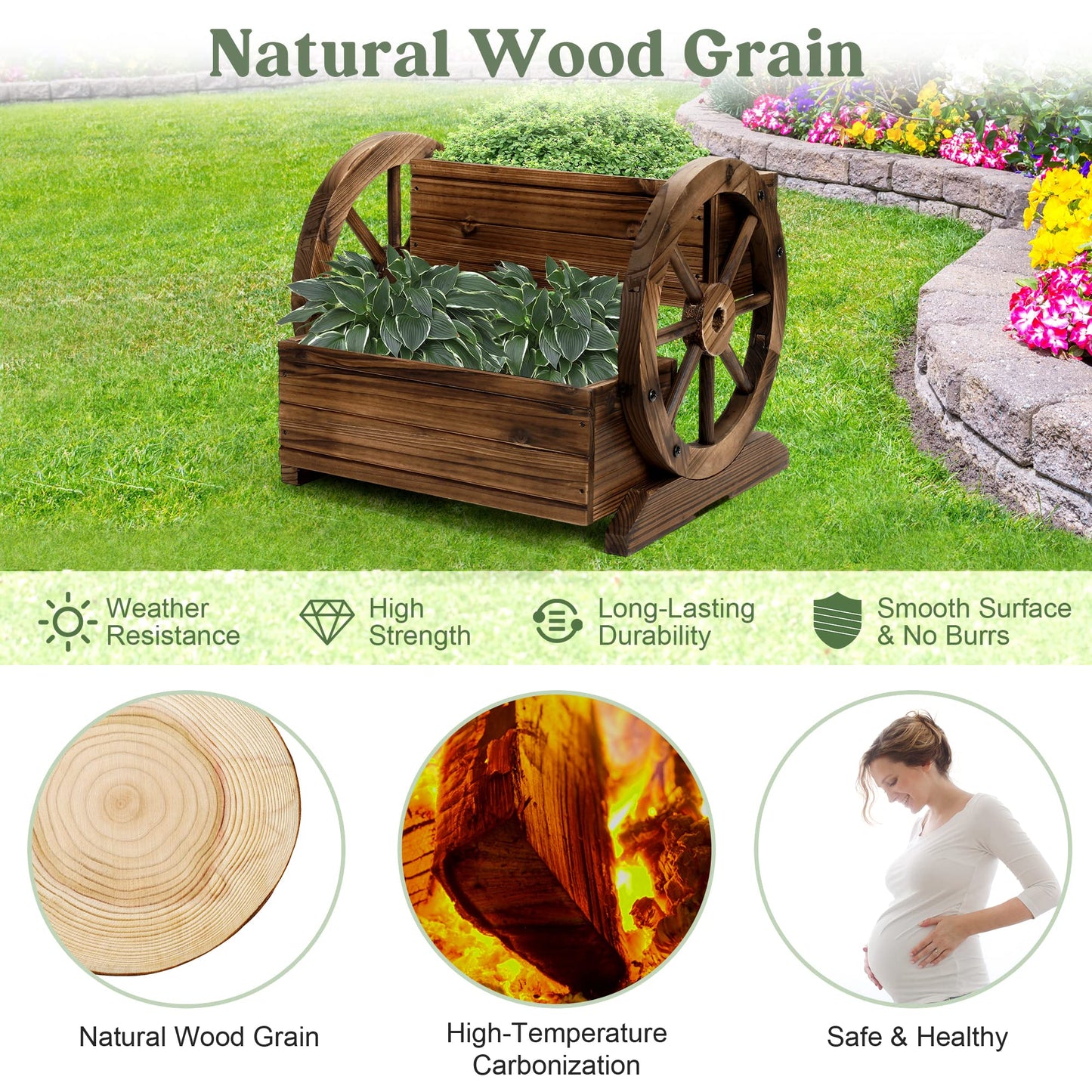 OIPRTGFJ Wooden Wagon Planter Box Garden Planter with Wheels (2-Tier Planter Box-2PCS)