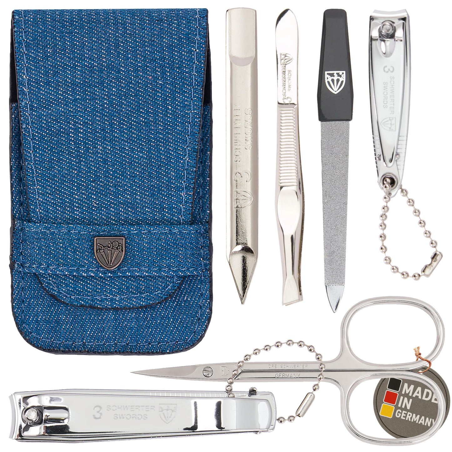 3 Swords Germany - brand quality 6 piece manicure pedicure grooming kit set for professional nail care with jeans textile case - Made in Germany