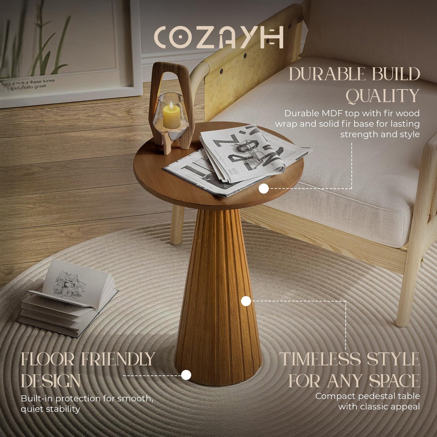 COZAYH Martini Pedestal Table, Small End Table - Drink Stand with Round Wood TableTop & Modern Textured Finish for Small Spaces, Walnut