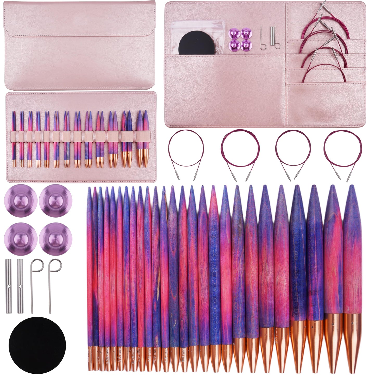 WAZAIGUR Circular Interchangeable Wooden Knitting Needles Set with Case Sizes 3mm, 3.25mm, 3.5mm, 3.75mm, 4mm, 4.5mm, 5mm, 5.5mm, 6mm, 7mm, 8mm, 9mm, 10mm, 13 Pairs, 4 Cables